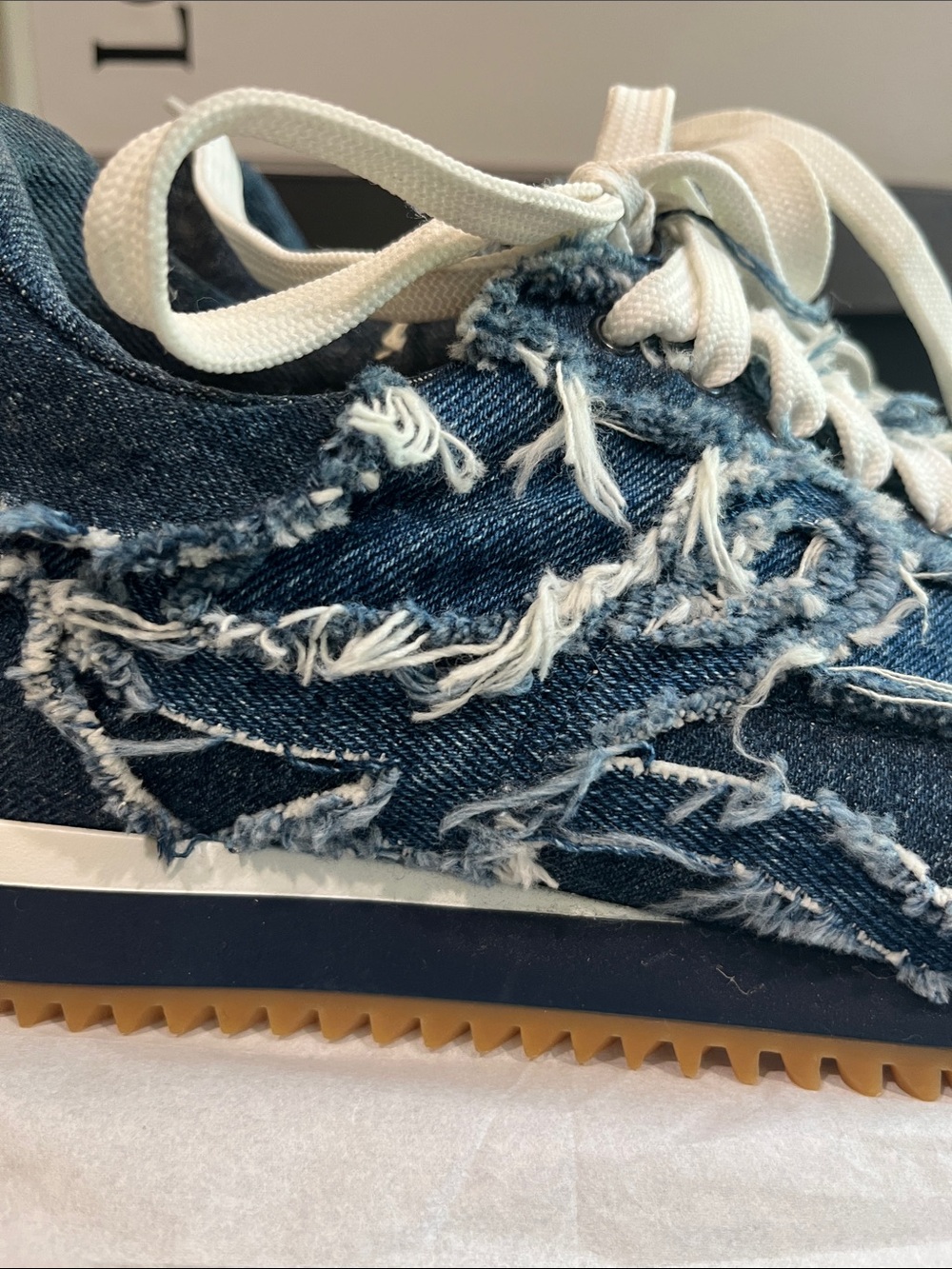 Loewe Distressed Denim Runner Sneakers in Blue with Cream Laces - Picture 3 of 12